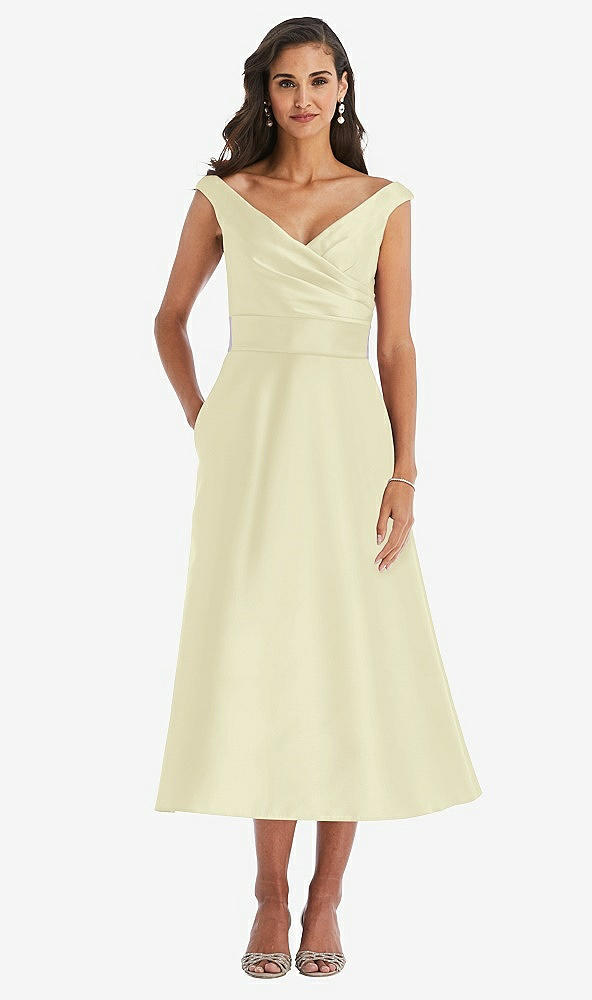 Front View - Butter Yellow & Butter Yellow Off-the-Shoulder Draped Wrap Satin Midi Dress with Pockets