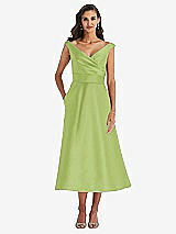 Front View Thumbnail - Mojito & Butter Yellow Off-the-Shoulder Draped Wrap Satin Midi Dress with Pockets