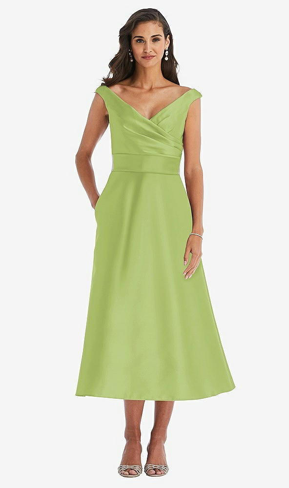Front View - Mojito & Butter Yellow Off-the-Shoulder Draped Wrap Satin Midi Dress with Pockets