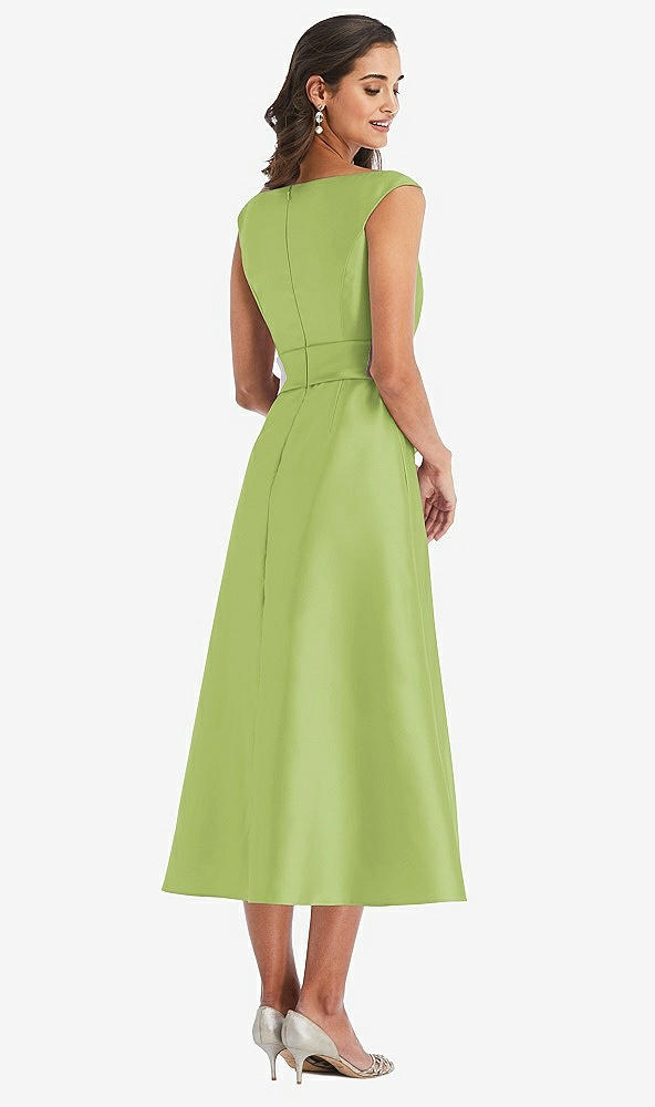 Back View - Mojito & Butter Yellow Off-the-Shoulder Draped Wrap Satin Midi Dress with Pockets