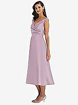 Side View Thumbnail - Suede Rose & Butter Yellow Off-the-Shoulder Draped Wrap Satin Midi Dress with Pockets