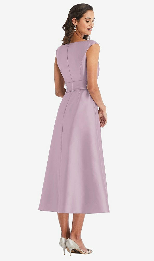 Back View - Suede Rose & Butter Yellow Off-the-Shoulder Draped Wrap Satin Midi Dress with Pockets