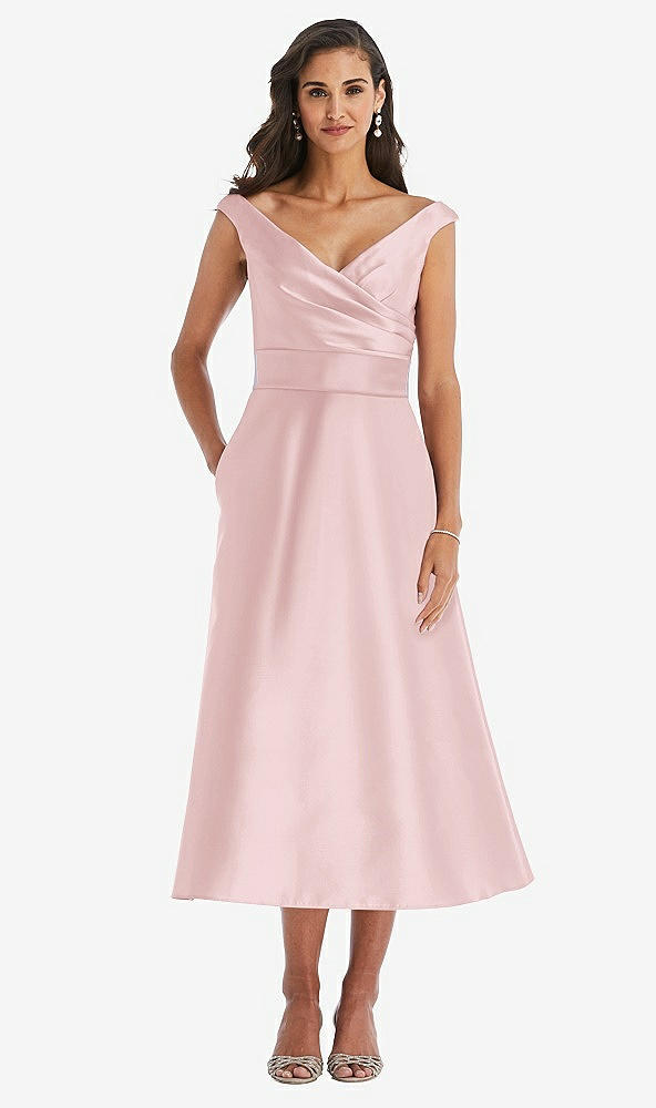 Front View - Ballet Pink & Butter Yellow Off-the-Shoulder Draped Wrap Satin Midi Dress with Pockets