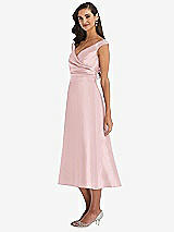 Side View Thumbnail - Ballet Pink & Butter Yellow Off-the-Shoulder Draped Wrap Satin Midi Dress with Pockets