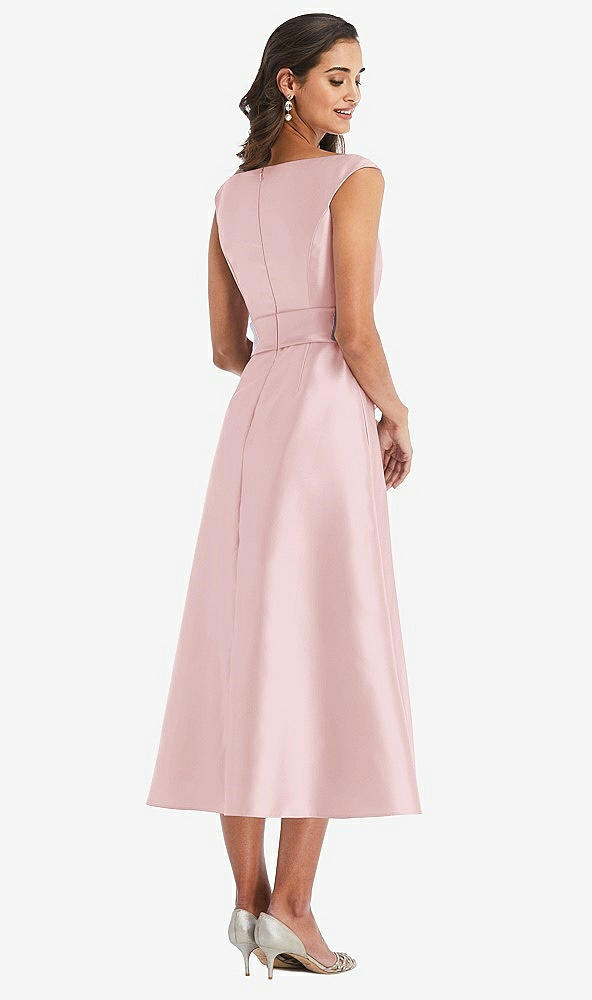 Back View - Ballet Pink & Butter Yellow Off-the-Shoulder Draped Wrap Satin Midi Dress with Pockets