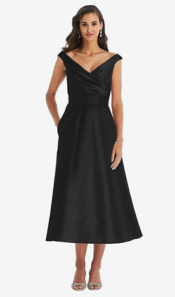Front View - Black & Butter Yellow Off-the-Shoulder Draped Wrap Satin Midi Dress with Pockets