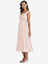 Side View Thumbnail - Blush & Butter Yellow Off-the-Shoulder Draped Wrap Satin Midi Dress with Pockets