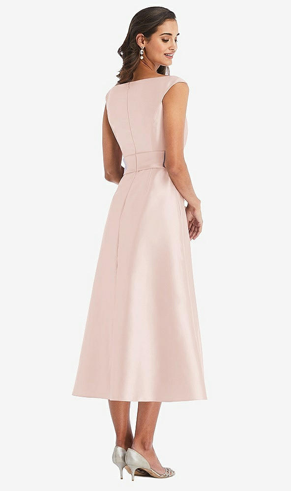 Back View - Blush & Butter Yellow Off-the-Shoulder Draped Wrap Satin Midi Dress with Pockets