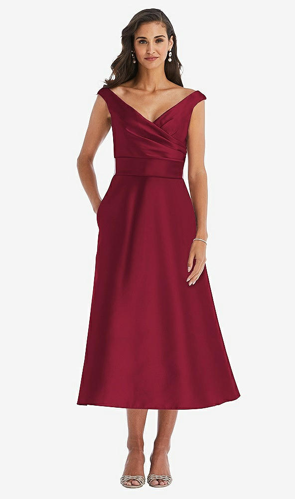 Front View - Burgundy & Butter Yellow Off-the-Shoulder Draped Wrap Satin Midi Dress with Pockets