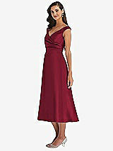 Side View Thumbnail - Burgundy & Butter Yellow Off-the-Shoulder Draped Wrap Satin Midi Dress with Pockets