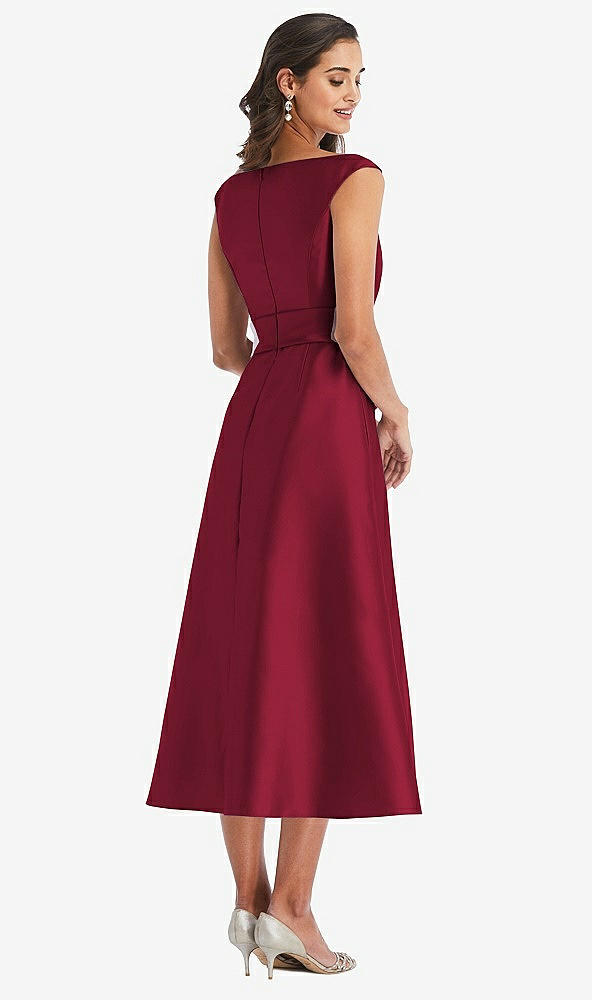 Back View - Burgundy & Butter Yellow Off-the-Shoulder Draped Wrap Satin Midi Dress with Pockets