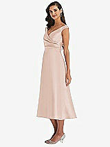 Side View Thumbnail - Cameo & Butter Yellow Off-the-Shoulder Draped Wrap Satin Midi Dress with Pockets