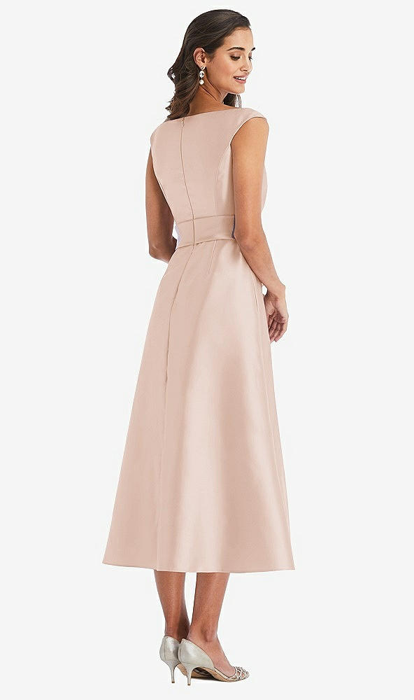 Back View - Cameo & Butter Yellow Off-the-Shoulder Draped Wrap Satin Midi Dress with Pockets