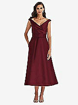 Front View Thumbnail - Cabernet & Butter Yellow Off-the-Shoulder Draped Wrap Satin Midi Dress with Pockets