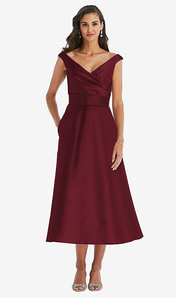Front View - Cabernet & Butter Yellow Off-the-Shoulder Draped Wrap Satin Midi Dress with Pockets