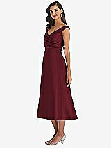 Side View Thumbnail - Cabernet & Butter Yellow Off-the-Shoulder Draped Wrap Satin Midi Dress with Pockets