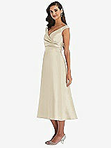 Side View Thumbnail - Champagne & Butter Yellow Off-the-Shoulder Draped Wrap Satin Midi Dress with Pockets