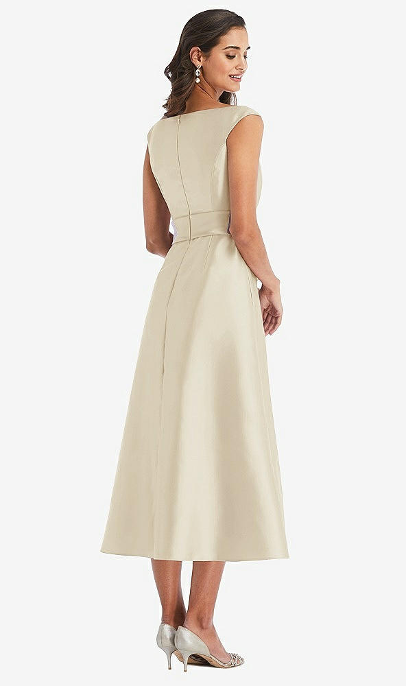 Back View - Champagne & Butter Yellow Off-the-Shoulder Draped Wrap Satin Midi Dress with Pockets