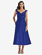 Front View Thumbnail - Cobalt Blue & Butter Yellow Off-the-Shoulder Draped Wrap Satin Midi Dress with Pockets