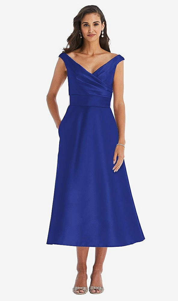 Front View - Cobalt Blue & Butter Yellow Off-the-Shoulder Draped Wrap Satin Midi Dress with Pockets