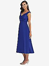 Side View Thumbnail - Cobalt Blue & Butter Yellow Off-the-Shoulder Draped Wrap Satin Midi Dress with Pockets