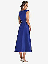Rear View Thumbnail - Cobalt Blue & Butter Yellow Off-the-Shoulder Draped Wrap Satin Midi Dress with Pockets