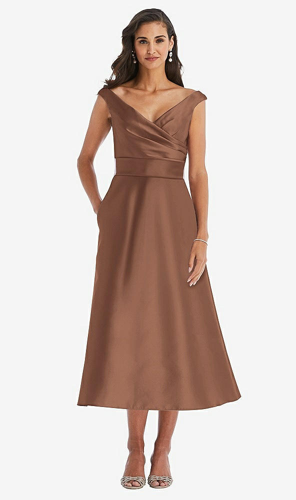 Front View - Cognac & Butter Yellow Off-the-Shoulder Draped Wrap Satin Midi Dress with Pockets