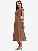 Side View Thumbnail - Cognac & Butter Yellow Off-the-Shoulder Draped Wrap Satin Midi Dress with Pockets