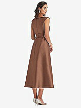Rear View Thumbnail - Cognac & Butter Yellow Off-the-Shoulder Draped Wrap Satin Midi Dress with Pockets