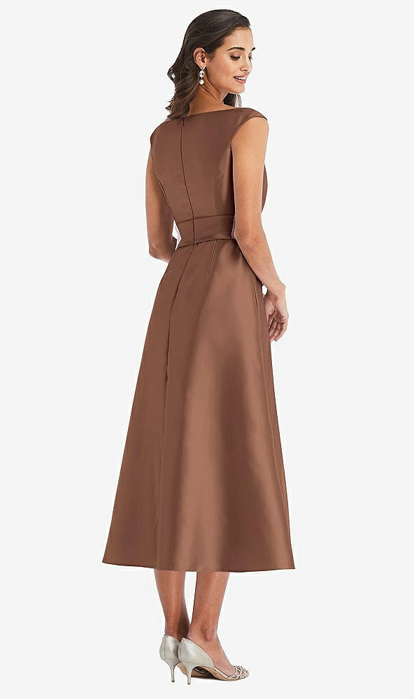 Back View - Cognac & Butter Yellow Off-the-Shoulder Draped Wrap Satin Midi Dress with Pockets