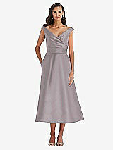 Front View Thumbnail - Cashmere Gray & Butter Yellow Off-the-Shoulder Draped Wrap Satin Midi Dress with Pockets