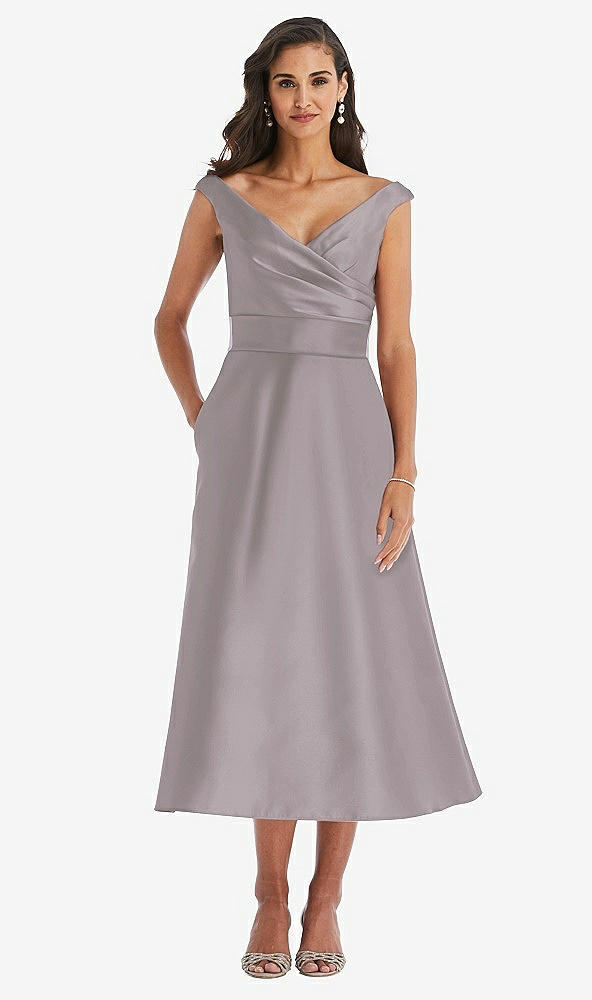 Front View - Cashmere Gray & Butter Yellow Off-the-Shoulder Draped Wrap Satin Midi Dress with Pockets