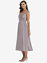 Side View Thumbnail - Cashmere Gray & Butter Yellow Off-the-Shoulder Draped Wrap Satin Midi Dress with Pockets