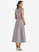 Rear View Thumbnail - Cashmere Gray & Butter Yellow Off-the-Shoulder Draped Wrap Satin Midi Dress with Pockets