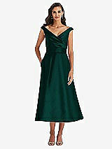 Front View Thumbnail - Evergreen & Butter Yellow Off-the-Shoulder Draped Wrap Satin Midi Dress with Pockets
