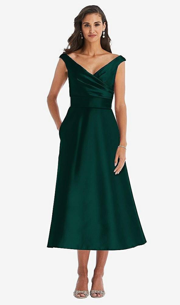Front View - Evergreen & Butter Yellow Off-the-Shoulder Draped Wrap Satin Midi Dress with Pockets