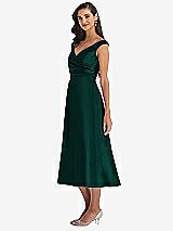 Side View Thumbnail - Evergreen & Butter Yellow Off-the-Shoulder Draped Wrap Satin Midi Dress with Pockets