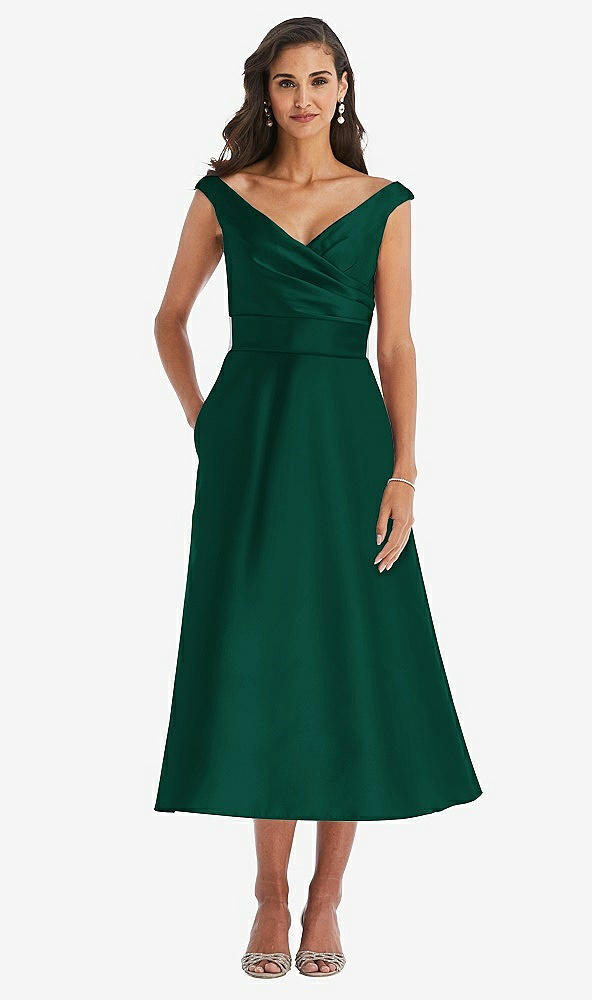 Front View - Hunter Green & Butter Yellow Off-the-Shoulder Draped Wrap Satin Midi Dress with Pockets