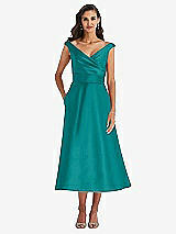Front View Thumbnail - Jade & Butter Yellow Off-the-Shoulder Draped Wrap Satin Midi Dress with Pockets