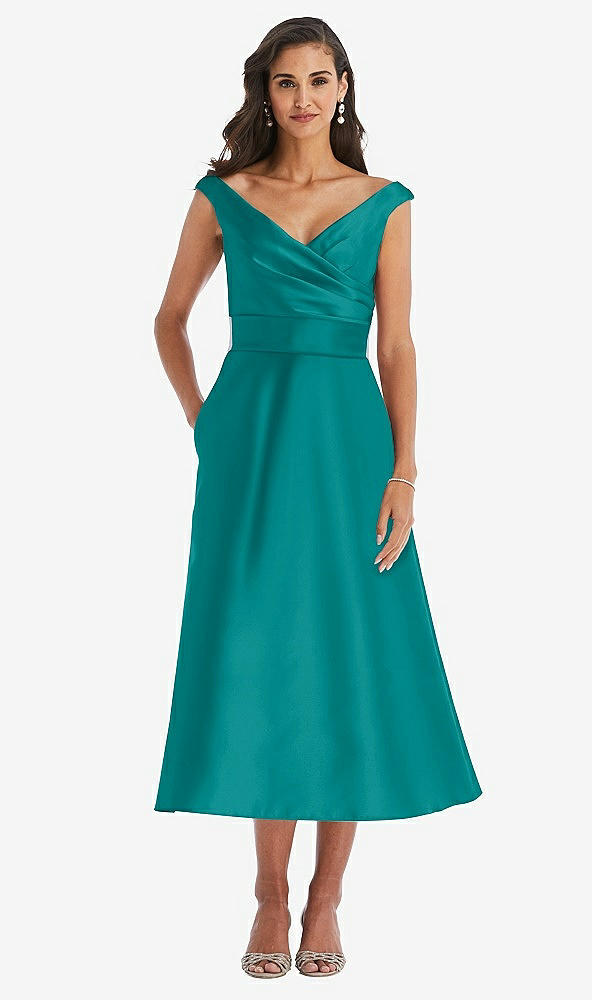 Front View - Jade & Butter Yellow Off-the-Shoulder Draped Wrap Satin Midi Dress with Pockets