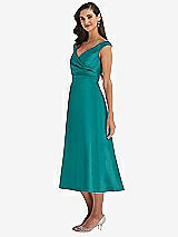 Side View Thumbnail - Jade & Butter Yellow Off-the-Shoulder Draped Wrap Satin Midi Dress with Pockets