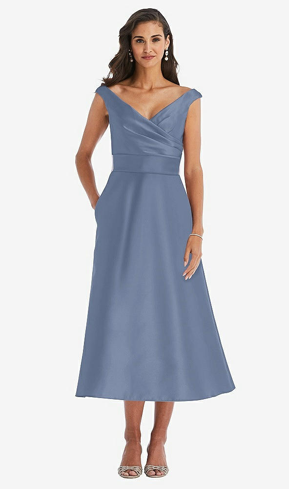 Front View - Larkspur Blue & Butter Yellow Off-the-Shoulder Draped Wrap Satin Midi Dress with Pockets