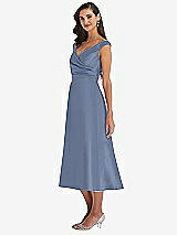 Side View Thumbnail - Larkspur Blue & Butter Yellow Off-the-Shoulder Draped Wrap Satin Midi Dress with Pockets