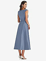 Rear View Thumbnail - Larkspur Blue & Butter Yellow Off-the-Shoulder Draped Wrap Satin Midi Dress with Pockets
