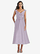 Front View Thumbnail - Lilac Haze & Butter Yellow Off-the-Shoulder Draped Wrap Satin Midi Dress with Pockets