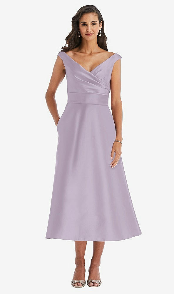 Front View - Lilac Haze & Butter Yellow Off-the-Shoulder Draped Wrap Satin Midi Dress with Pockets