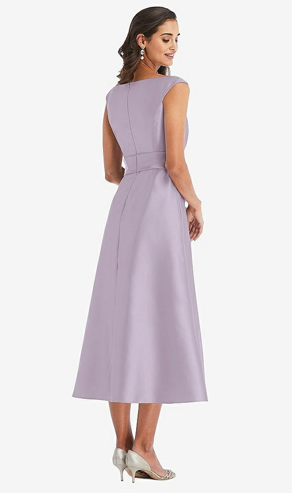 Back View - Lilac Haze & Butter Yellow Off-the-Shoulder Draped Wrap Satin Midi Dress with Pockets