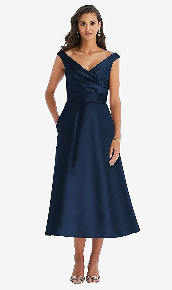 Front View - Midnight Navy & Butter Yellow Off-the-Shoulder Draped Wrap Satin Midi Dress with Pockets