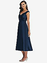 Side View Thumbnail - Midnight Navy & Butter Yellow Off-the-Shoulder Draped Wrap Satin Midi Dress with Pockets