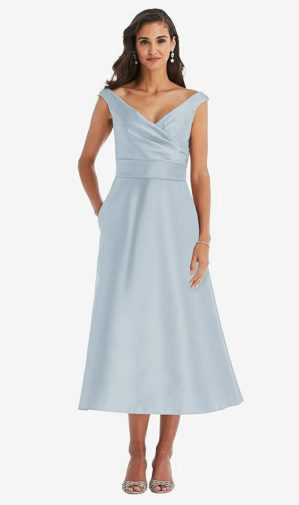 Front View - Mist & Butter Yellow Off-the-Shoulder Draped Wrap Satin Midi Dress with Pockets